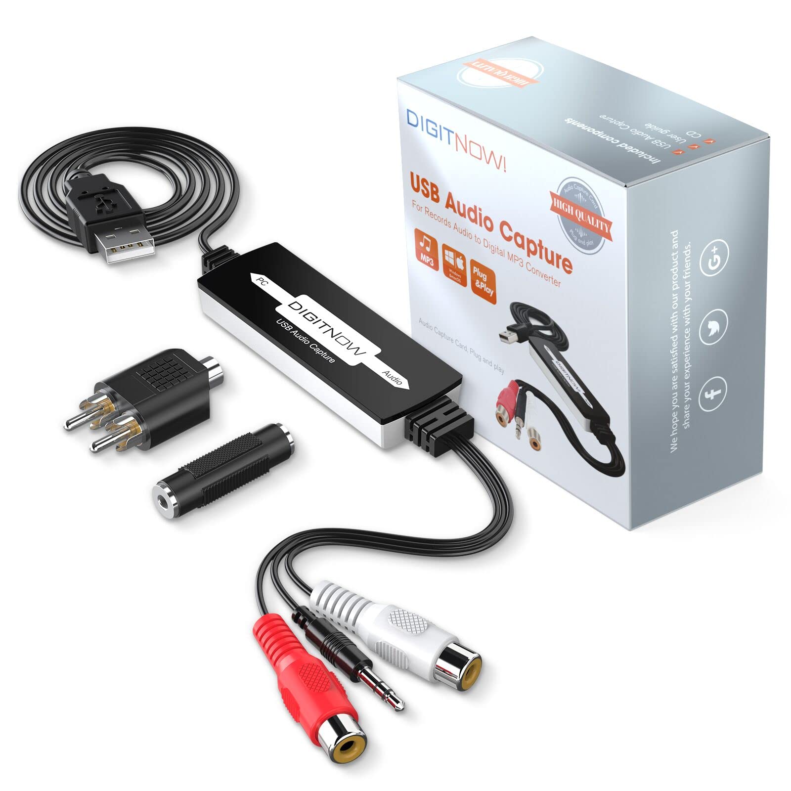 DIGITNOW USB Audio Capture Card Grabber for Vinyl Cassette Tapes to Digital MP3 Converter, Support Mac & Windows 10/8.1/8 / 7 / Vista/XP