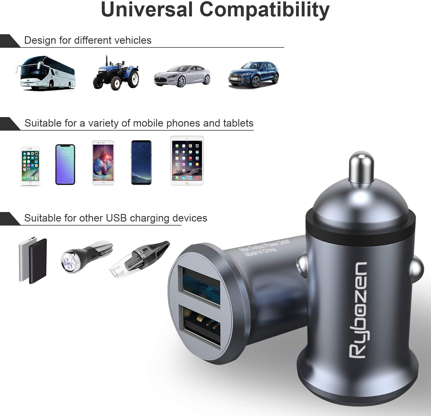 Rybozen Car Charger, Mini 4.8A All Metal USB Car Charger, PowerDrive 2 Alloy Flush Fit Car Charger Adapter Dual Port Charging,for iPhone 12/11 pro/XR/x/7/6s, iPad Air 2/Mini 3, Note 9/Galaxy S10/S9/S8
