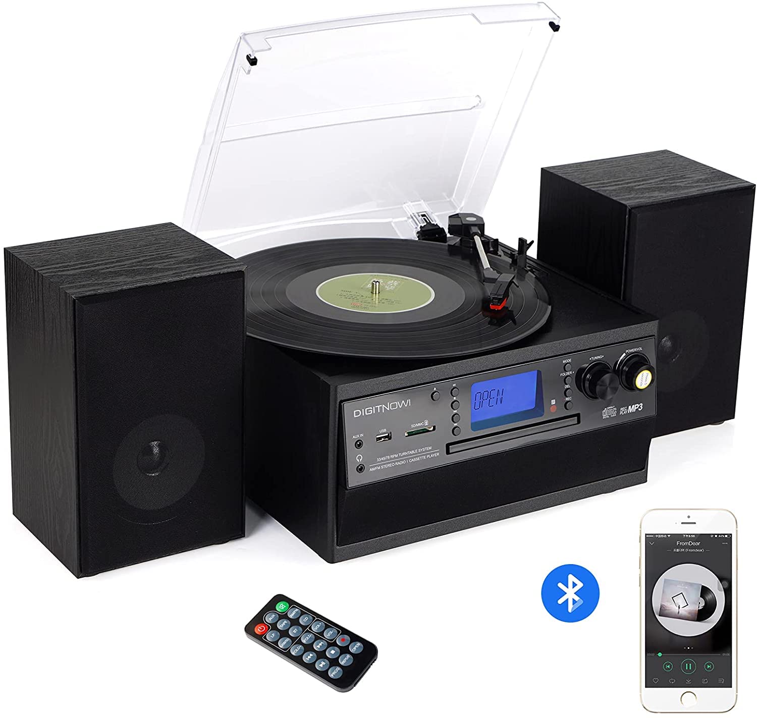 Multi-functional BT Turntable Player with two Speakers,Support CD, Cassette, Radio,Remote Control