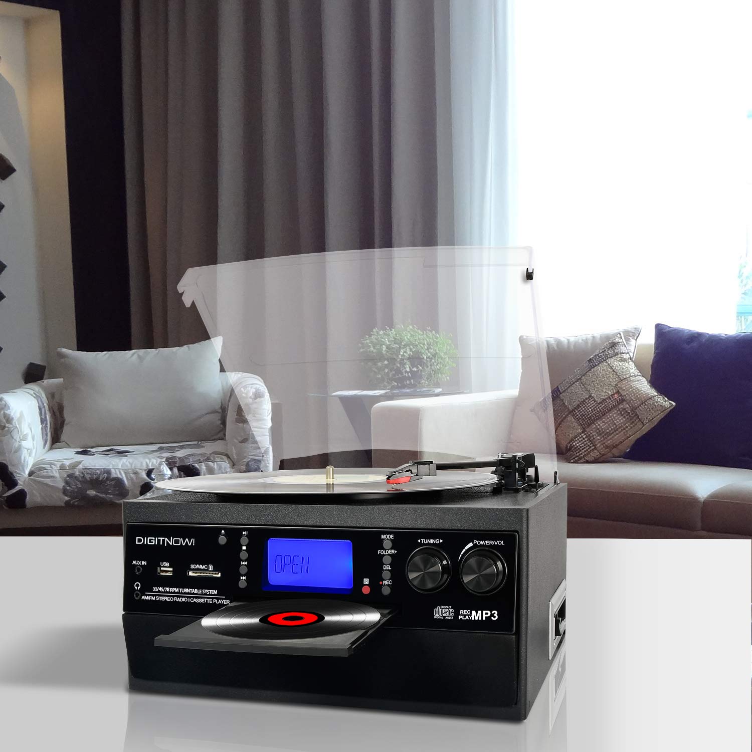 Multi-functional Bluetooth Record Player withSpeaker, CD, Cassette, Radio, Aux in &Remote Control