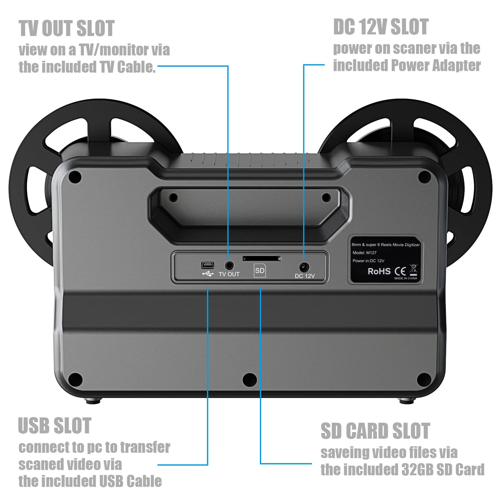 8mm & Super 8 Reels to Digital MovieMaker Film Sanner Converter, 2.4" LCD (Convert 3”and 5” Film reels) with 32 GB SD Card included