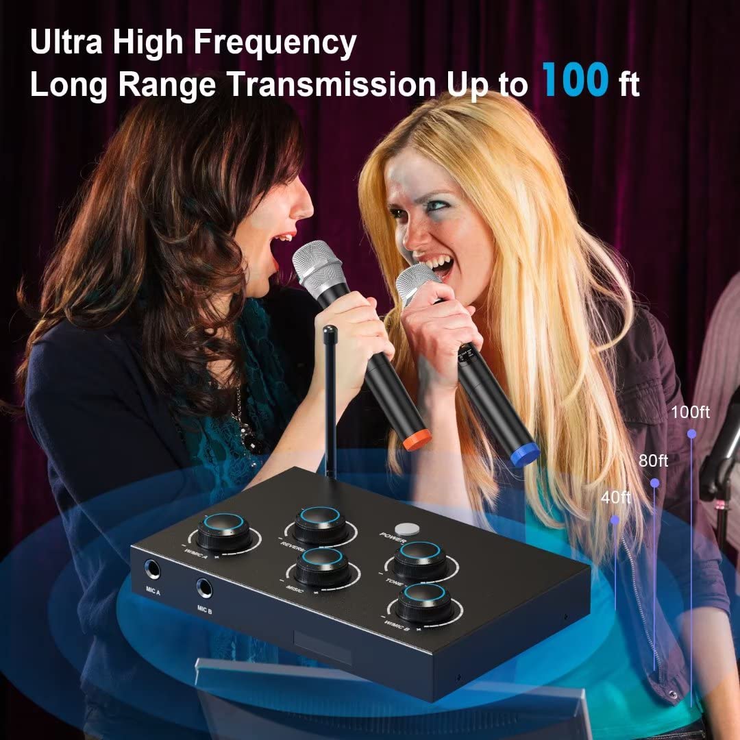 Portable Karaoke Microphone Mixer System Set with Dual UHF Wireless M