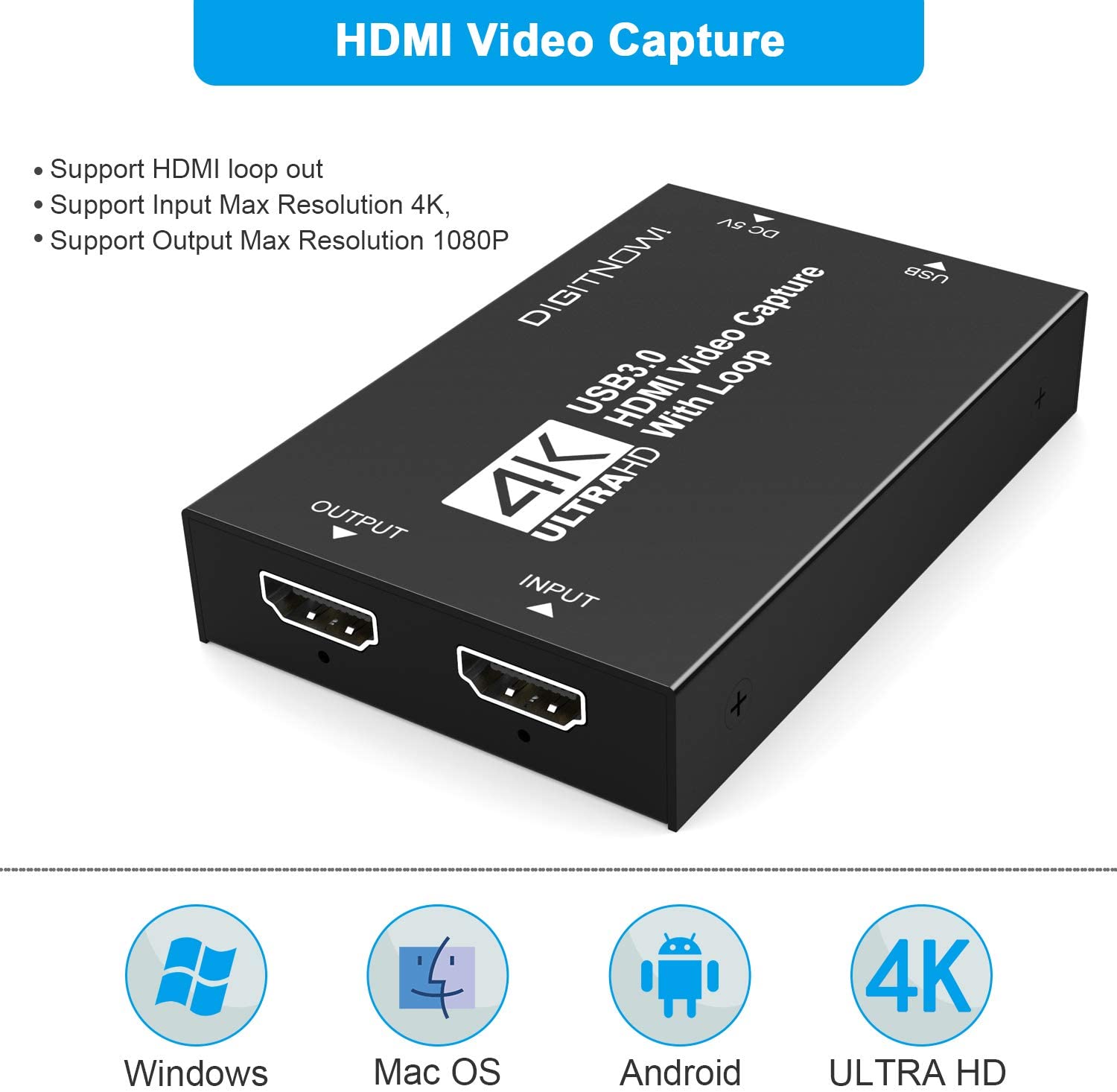 DIGITNOW 4K Video Capture Card with Loop Out, HDMI USB 3.0 Video Capture Device, Full HD 1080P for Live Streaming Broadcasting, Video Conference, Teaching, Gaming