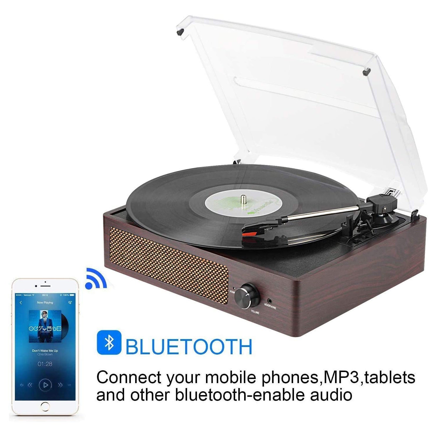 Vinyl Record Player Turntable with Built-in Bluetooth Receiver & 2 Ste