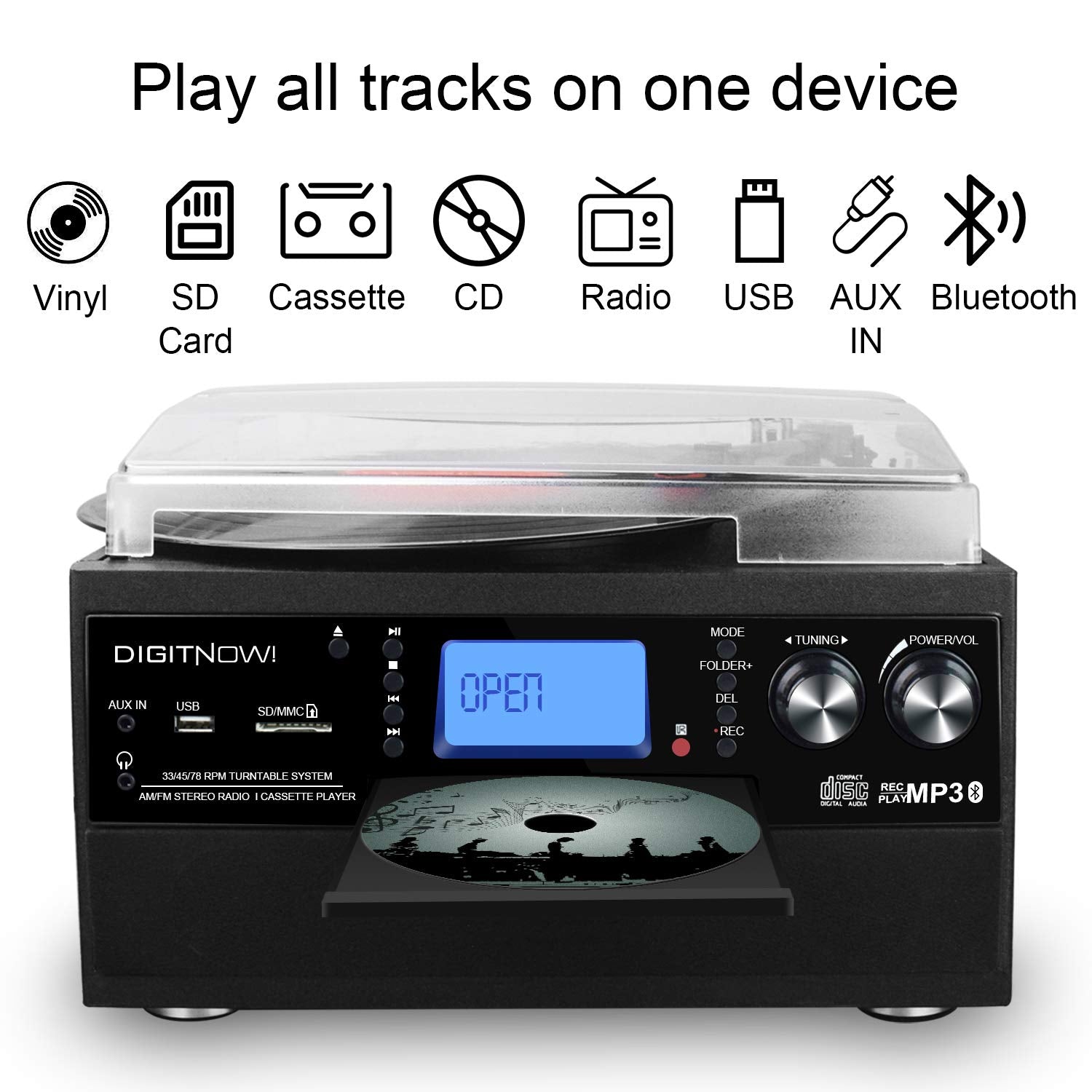 Multi-functional Bluetooth Record Player withSpeaker, CD, Cassette, Radio, Aux in &Remote Control