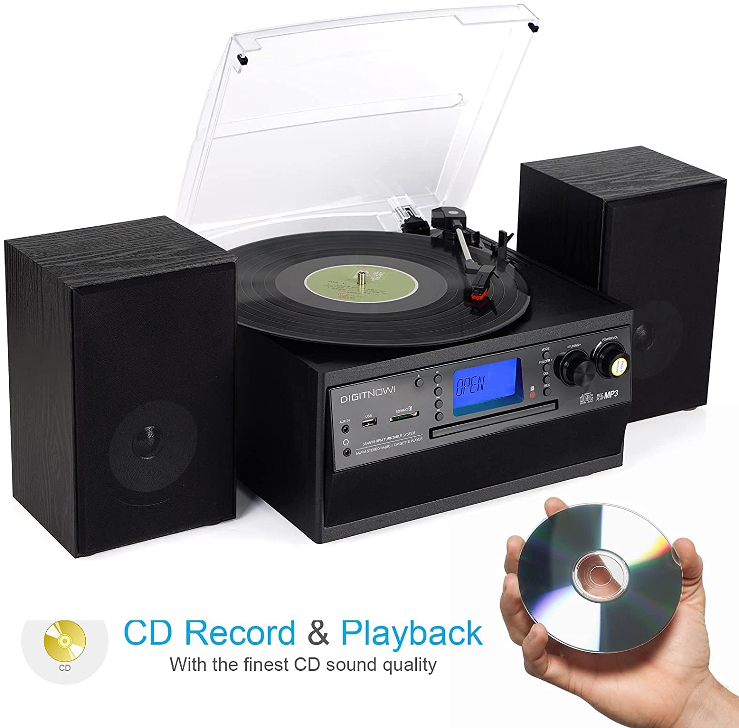 Multi-functional BT Turntable Player with two Speakers,Support CD, Cassette, Radio,Remote Control