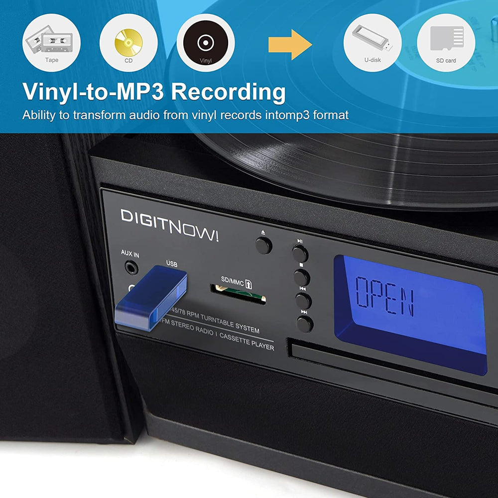 Multi-functional BT Turntable Player with two Speakers,Support CD, Cas