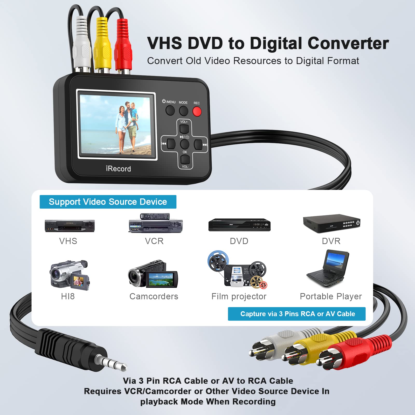 DIGITNOW! Convertidor de Captura de vídeo , VHS a DVD Digital Grabber  Grabador, RCA a HDMI Capturadora Digitalizadora, Jugador y Guardar en  Tarjeta SD : : Electrónica