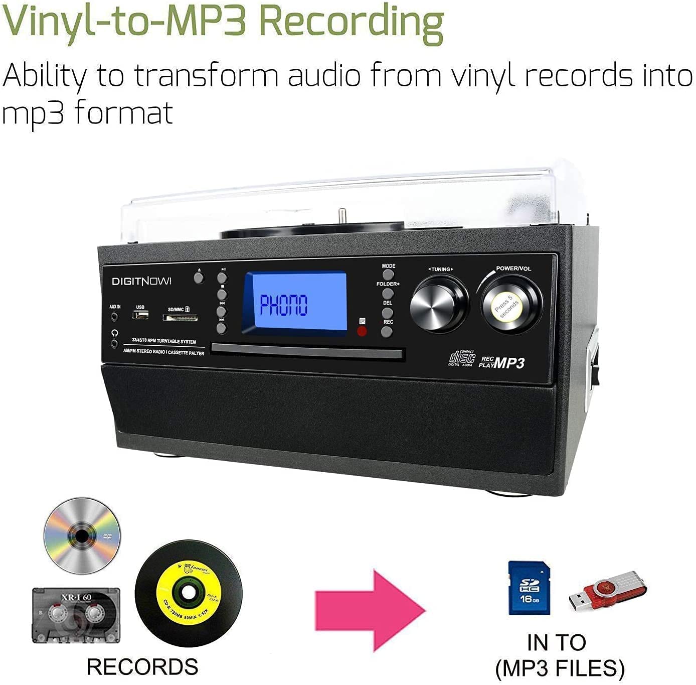 Multi-functional BT Turntable Player with two Speakers,Support CD, Cassette, Radio,Remote Control