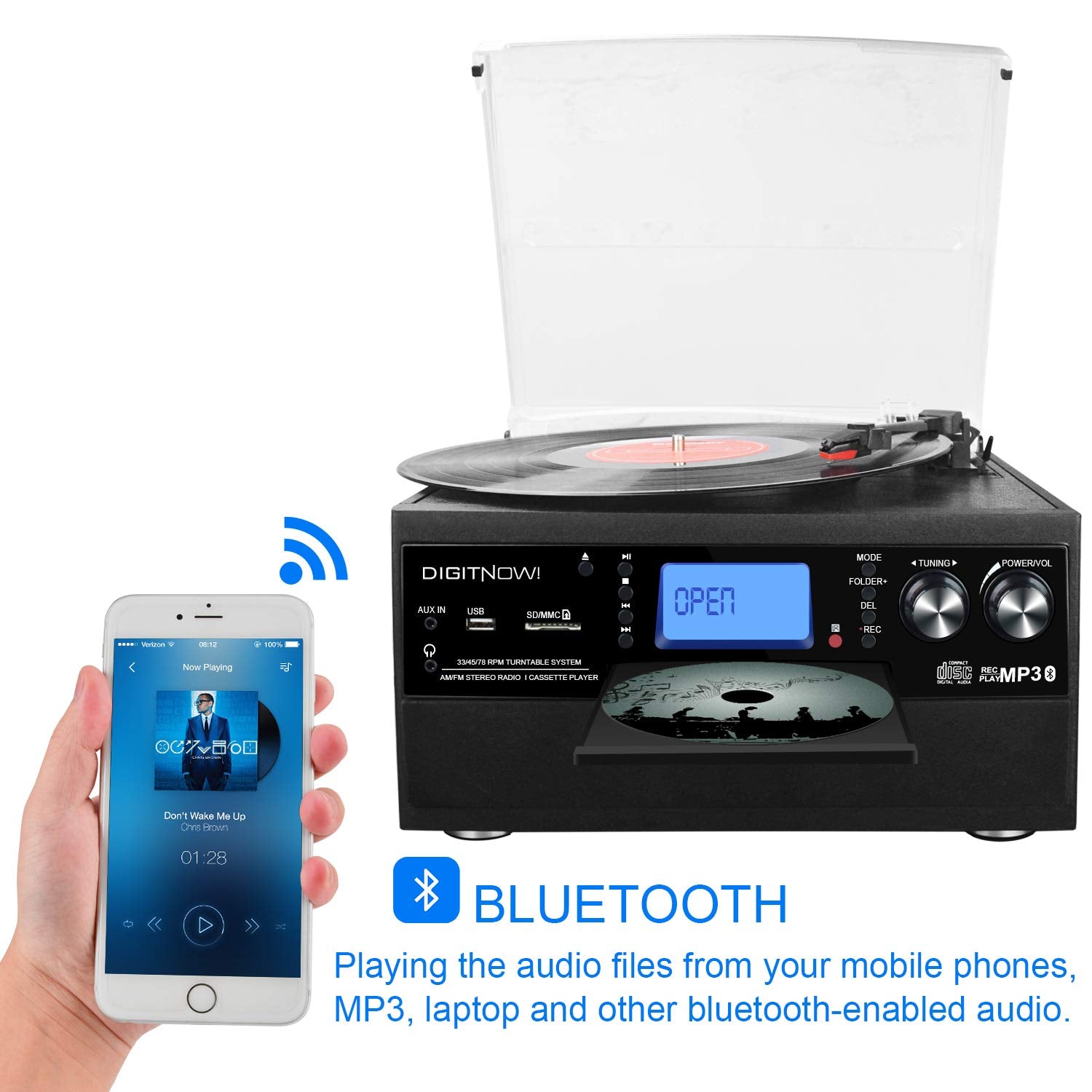 Multi-functional Bluetooth Record Player withSpeaker, CD, Cassette, Radio, Aux in &Remote Control