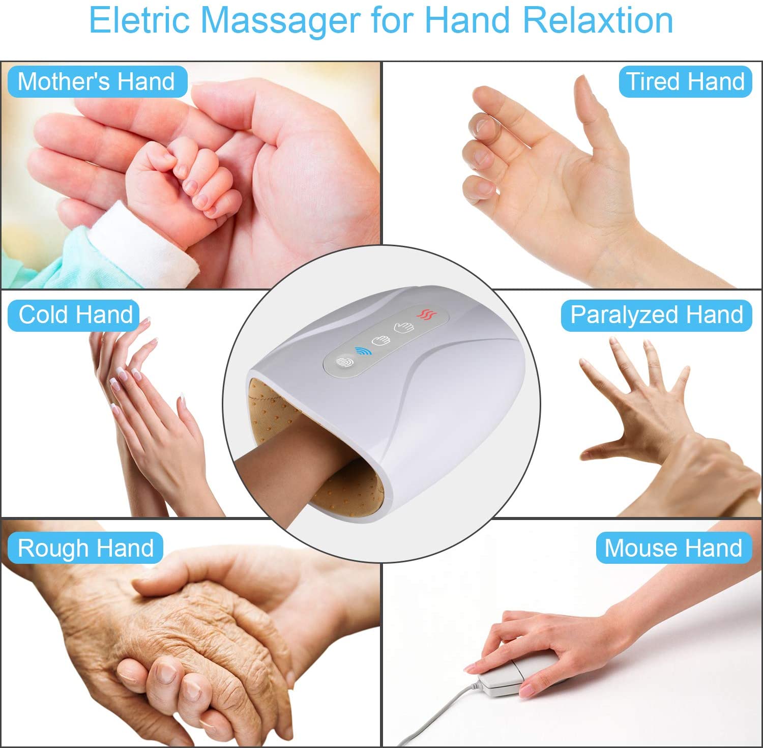 Electric Hand Massager for Palm Massage, Cordless Accupressure Massager Compress/Heat/Rechargeable for Arthritis