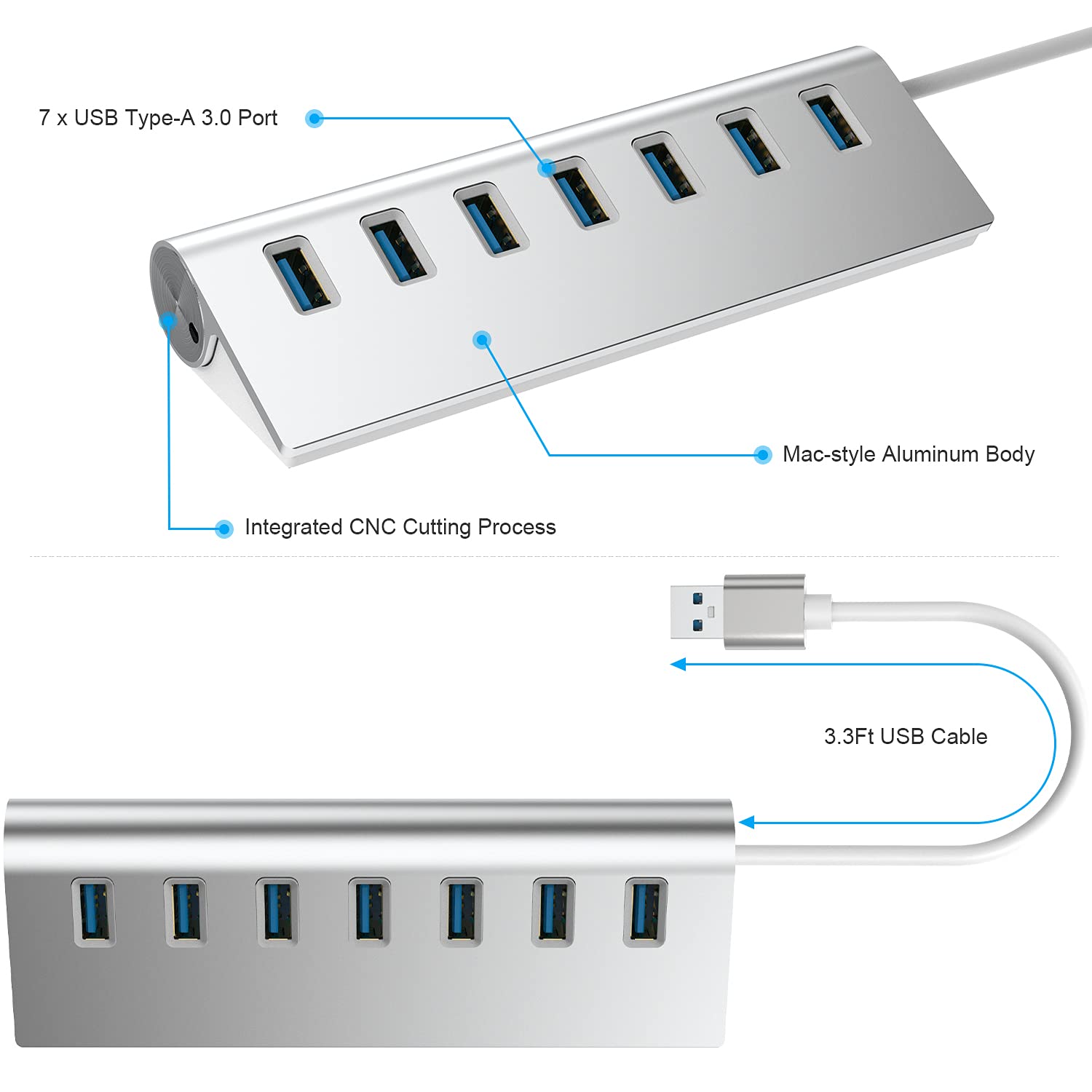 7-Port USB 3.0 Hub, USB C Hub Aluminum 7 Port Data Hub with 5V/4A 20W Power Adapter
