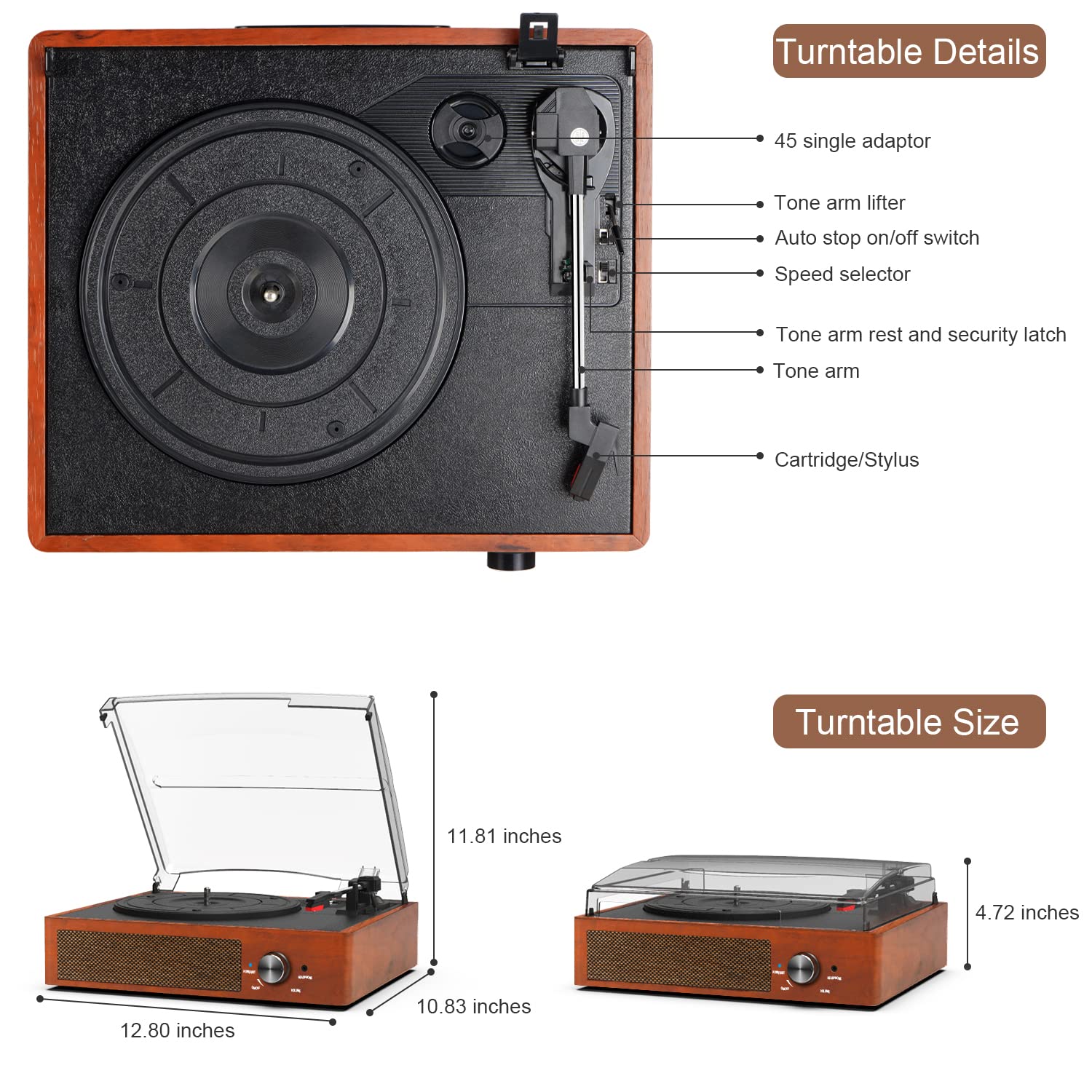 Vinyl Record Player Turntable with Built-in Bluetooth Receiver & 2 Stereo Speakers, 3 Speed 3 Size Portable Retro Record Player for Entertainment and Home Decoration
