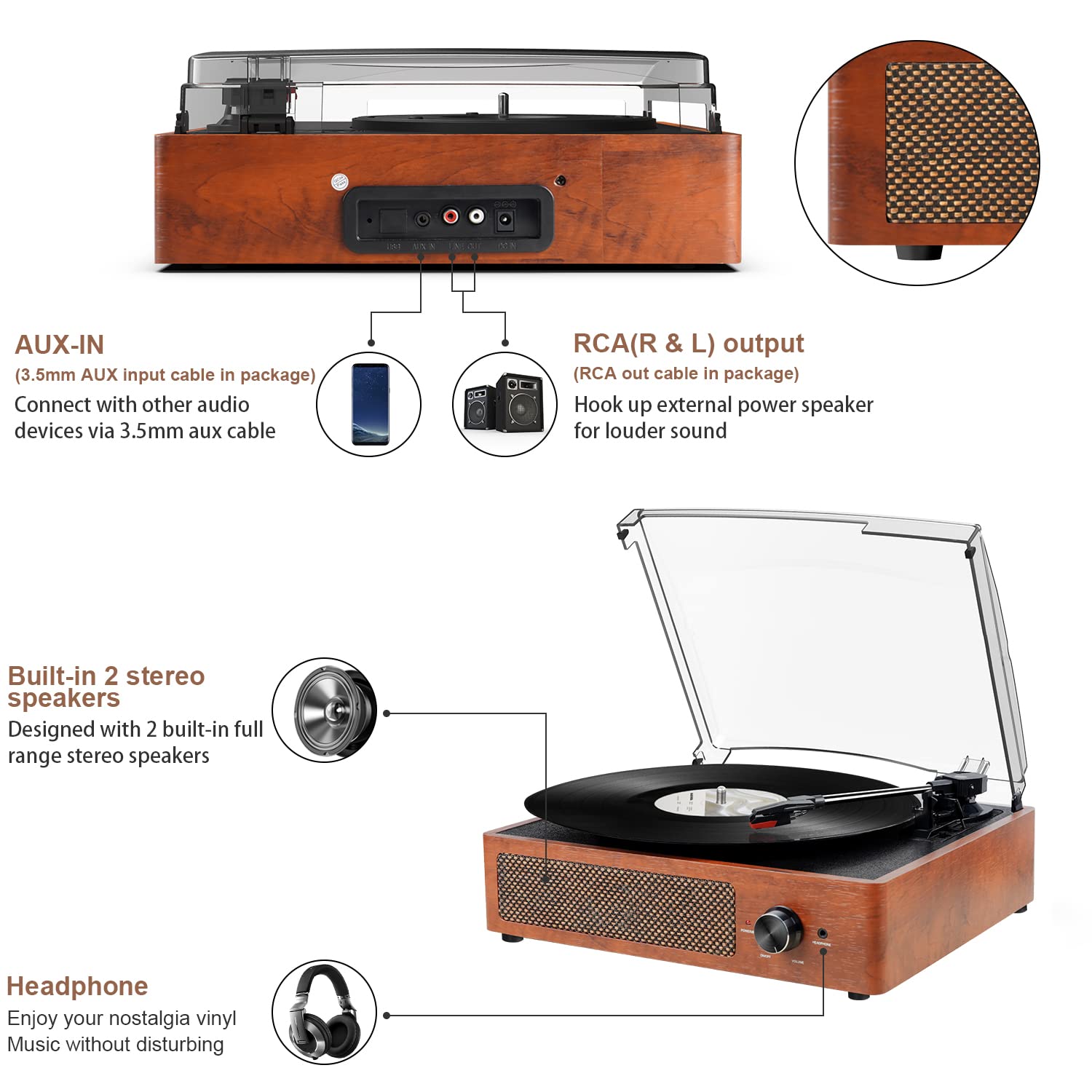 Vinyl Player Turntable with Built-in Bluetooth Receiver & 2 Ste