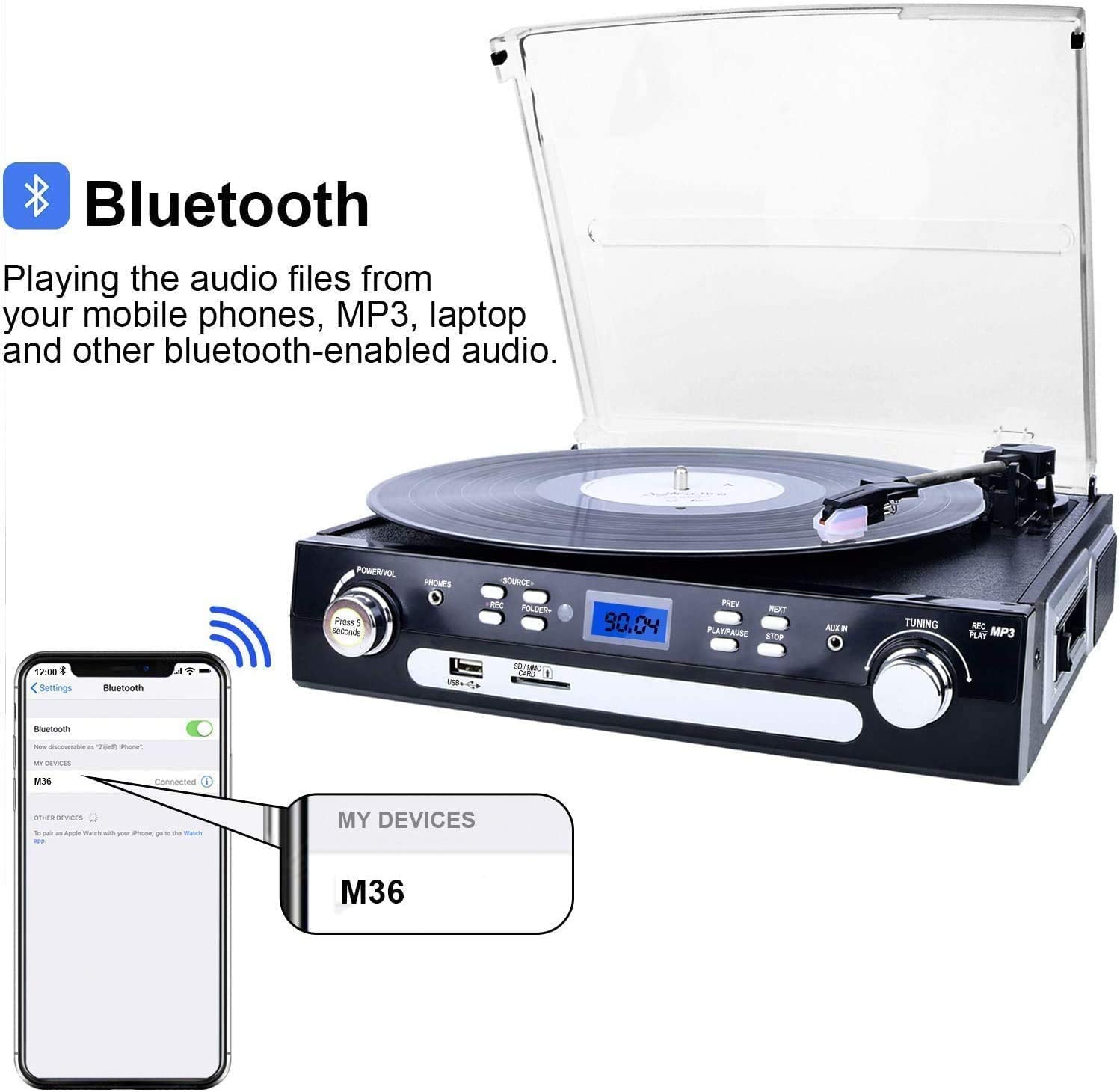 Bluetooth Record Player with Speakers,Support Cassette Play, AM/FM Radio, Remote Control