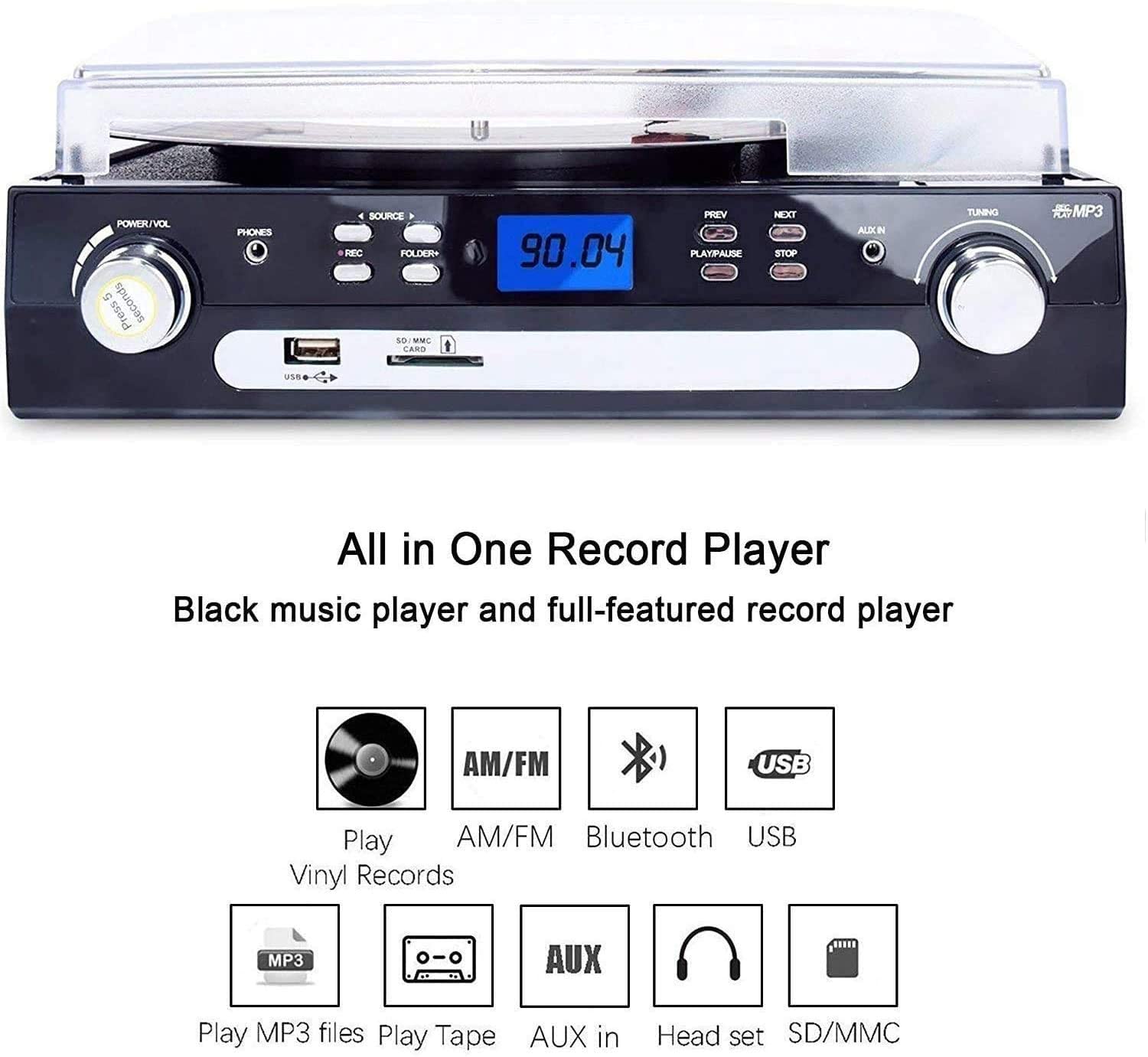 Bluetooth Record Player with Speakers,Support Cassette Play, AM/FM Radio, Remote Control