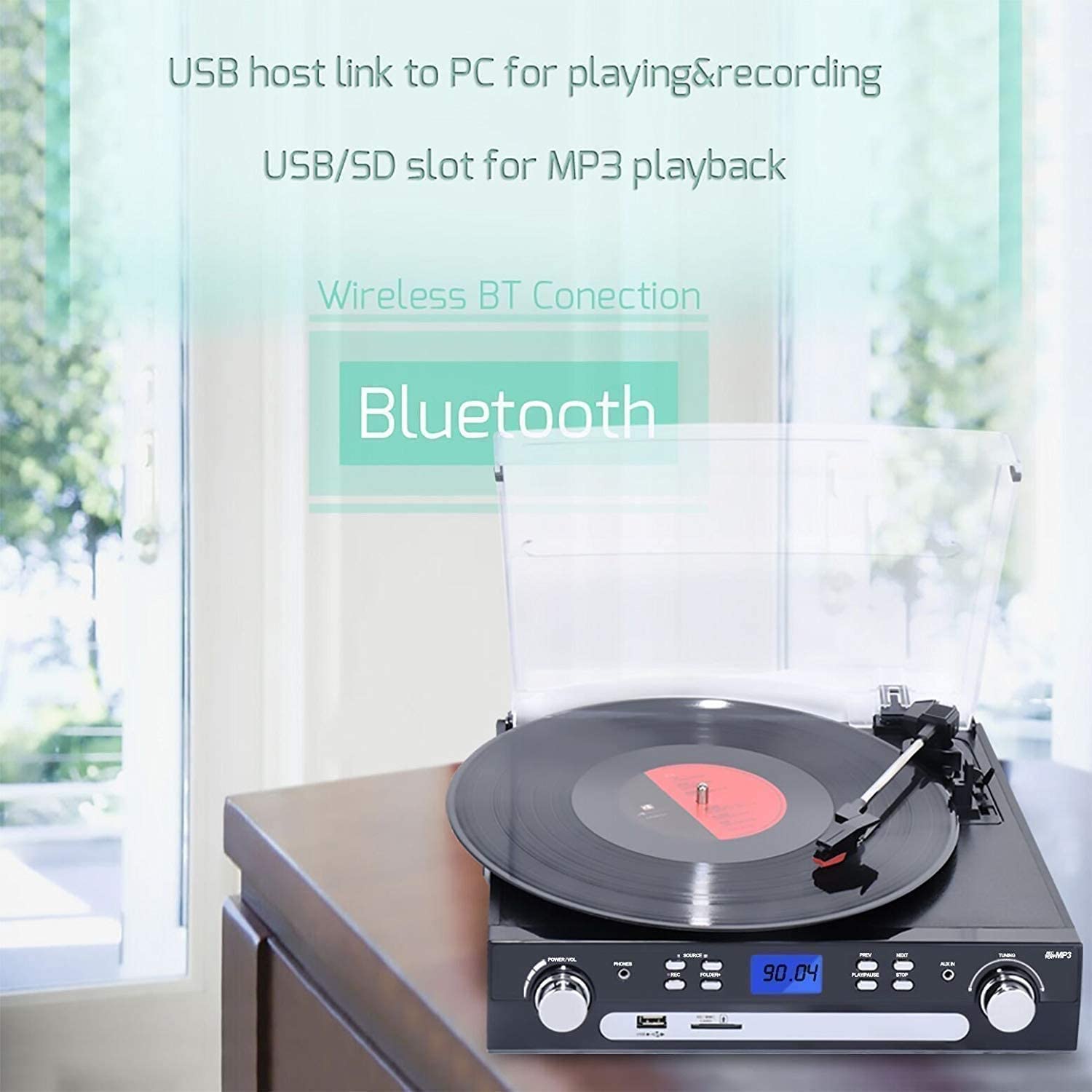 Bluetooth Record Player with Speakers,Support Cassette Play, AM/FM Radio, Remote Control