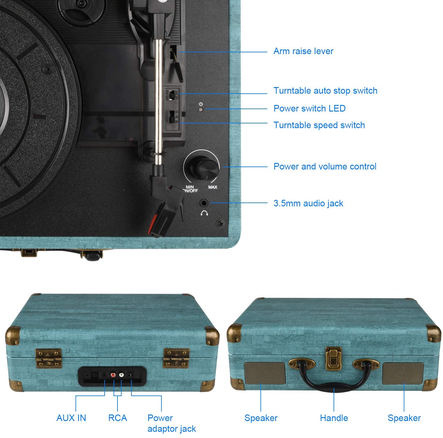 DIGITNOW Bluetooth Record Player 3 Speeds Turntable with Built-in Stereo  Speakers, Suitcase Design - Blue 