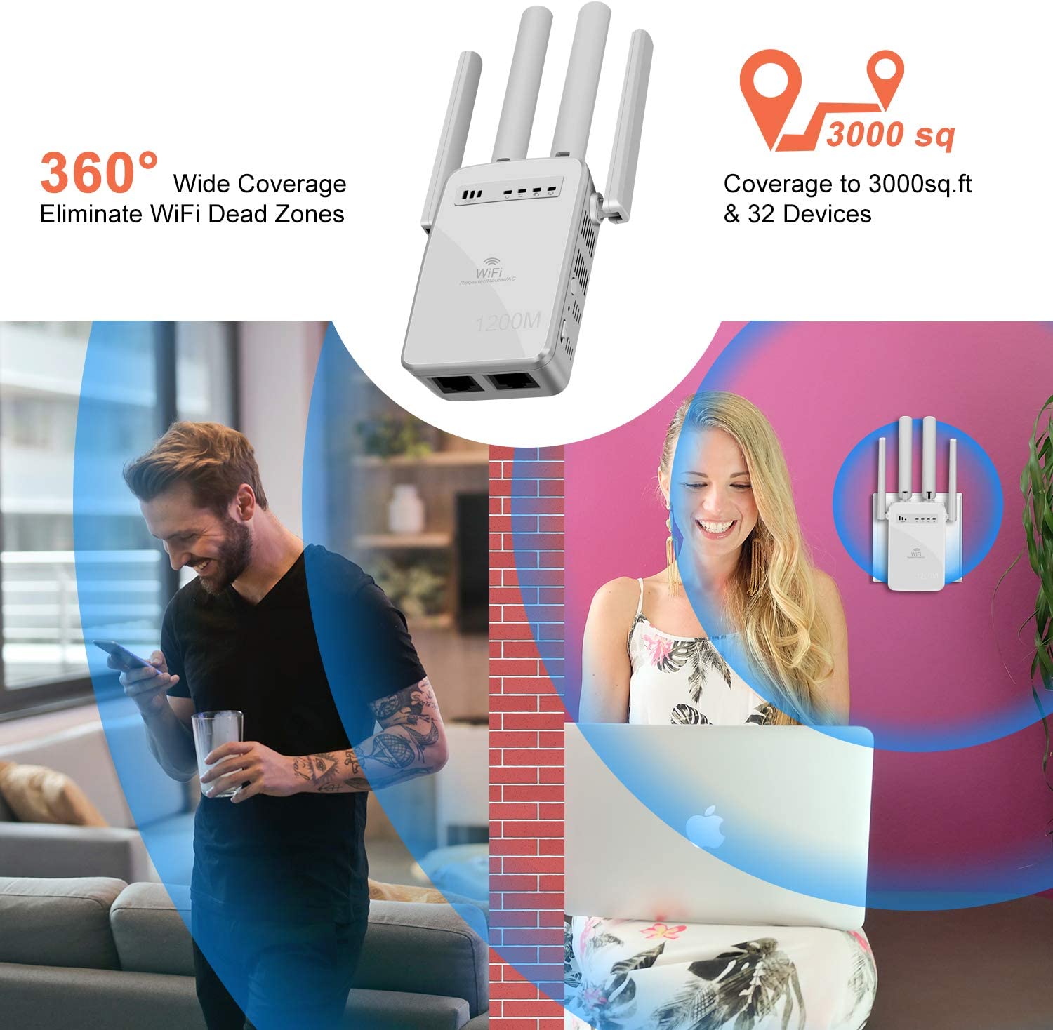 WiFi Range Extender,1200 Mbps Wireless Signal Repeater Booster,2.4 & 5GHz Dual Band Network,for WiFi Internet Connection , 2 LAN/Ethernet, 4 Antennas Coverage to 3000sq.ft & 32 Devices